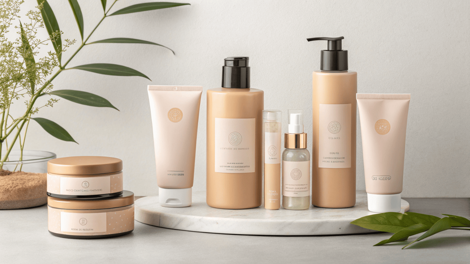 A full line of cosmetic products in matching PCR plastic packaging, showing a brand’s consistent and unified sustainability commitment