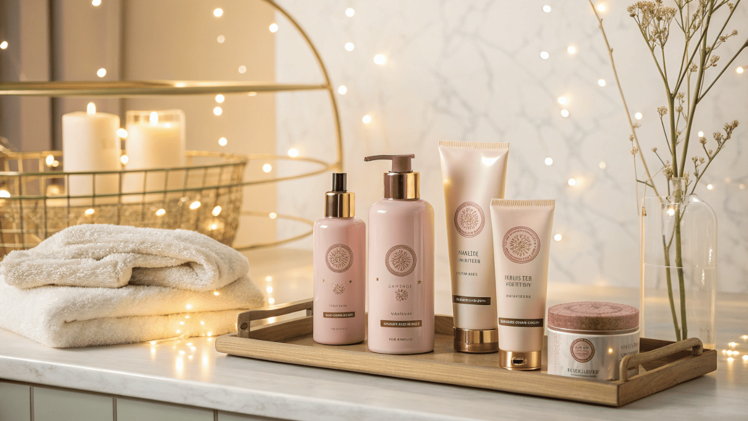 A bathroom shelf displaying multiple products from the same brand neatly arranged together, forming a cohesive collection