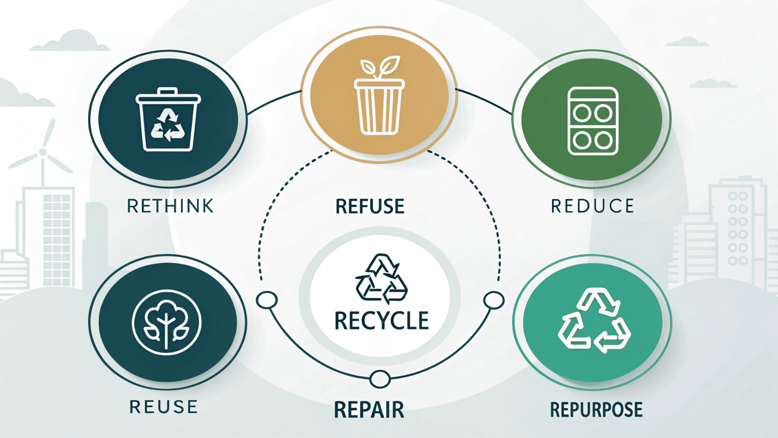 A circular diagram with seven icons representing the 7 R’s: Rethink, Refuse, Reduce, Reuse, Repair, Repurpose, and Recycle