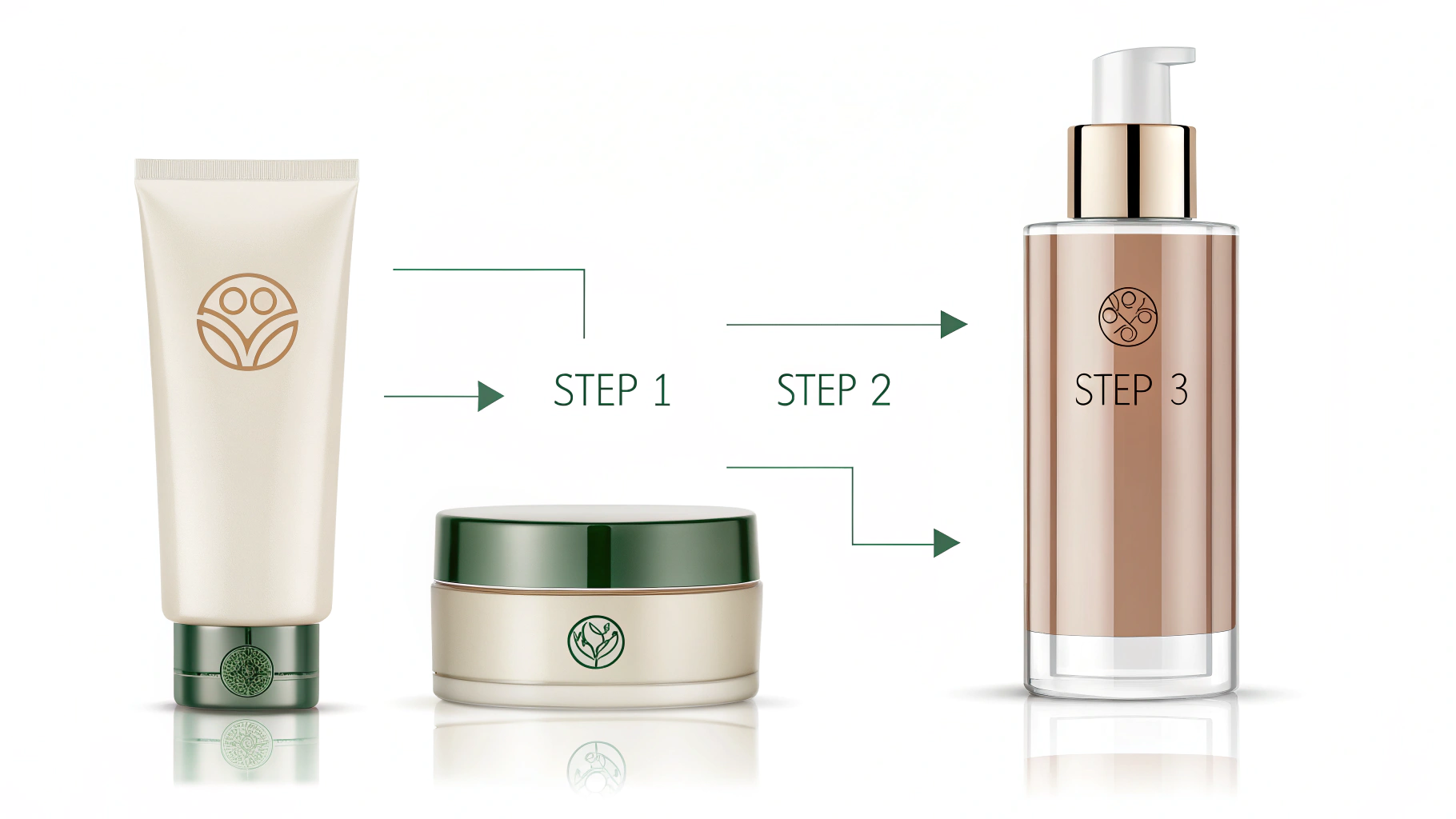 A visual workflow showing raw bottles, shaped but undecorated packaging, and the final branded product