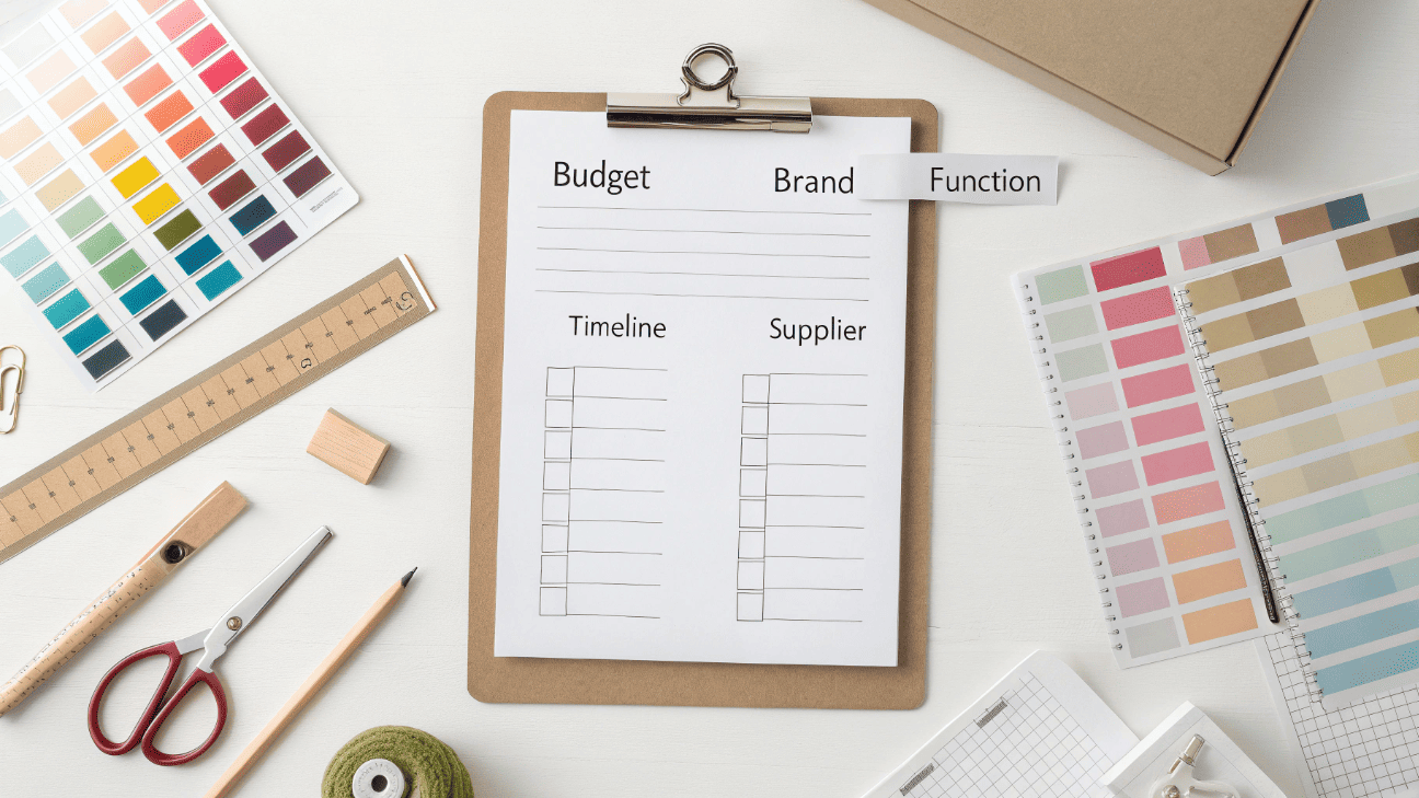 A checklist on a clipboard with five keywords: Budget, Brand, Function, Timeline, and Supplier