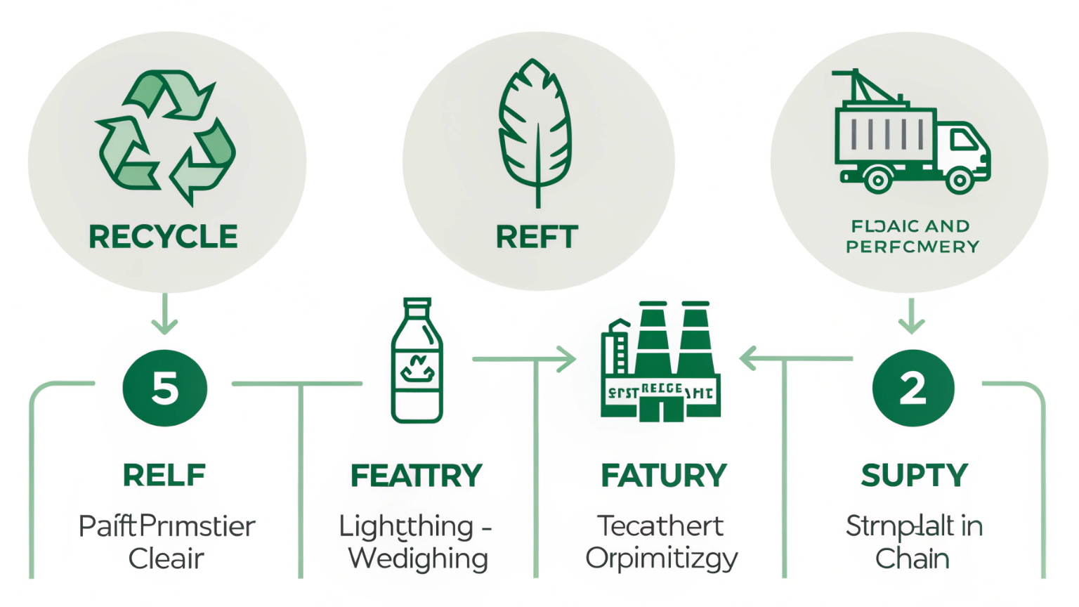A clean visual with five icons symbolizing recycled materials, lightweighting, refills, supplier consolidation, and eco-friendly shipping