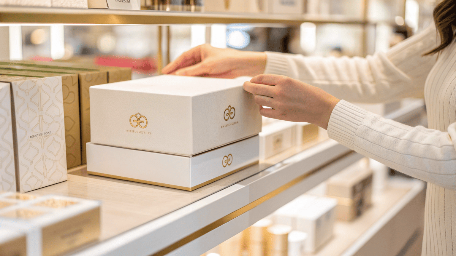A close-up of a customer picking up a luxury cosmetic box from a shelf, showing their first physical touchpoint with the brand