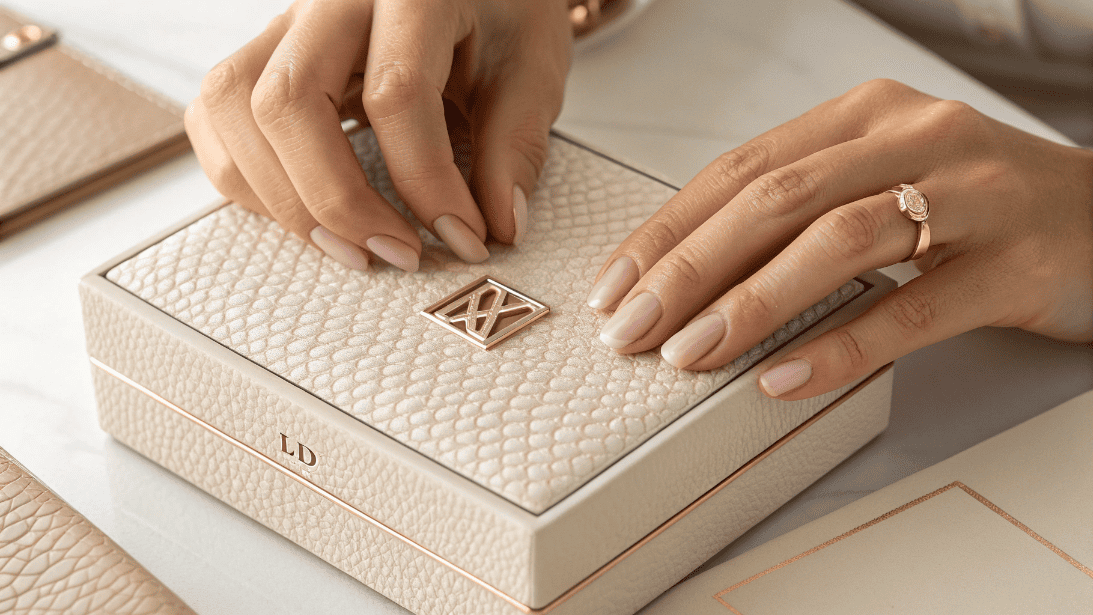 Close-up of a customer touching a textured cosmetic box with debossed patterns and a metallic hot-stamped logo
