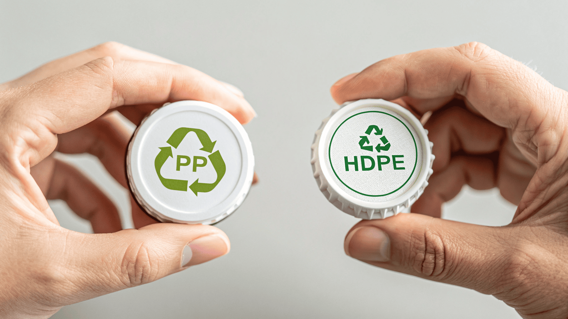 A pair of nearly identical caps held by an engineer, one marked PP and the other HDPE, showing why mixed materials complicate recycling