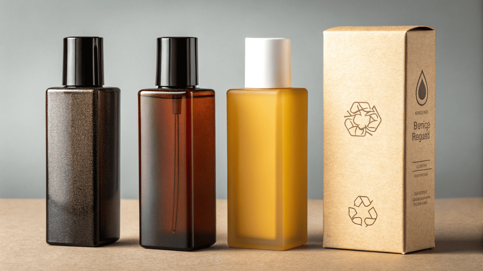 Three cosmetic bottles made of different materials—frosted glass, glossy plastic, and recycled paper texture—showing how materials tell different stories