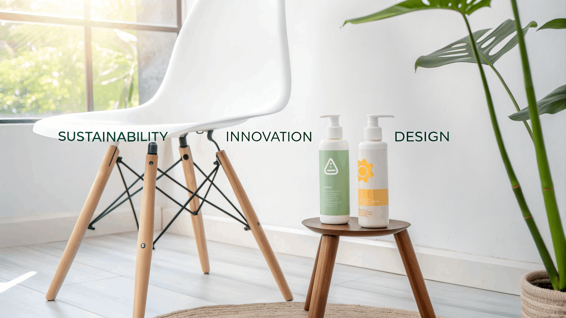 A three-legged stool labeled Sustainability, Innovation, and Design, symbolizing the key factors in choosing sunscreen packaging