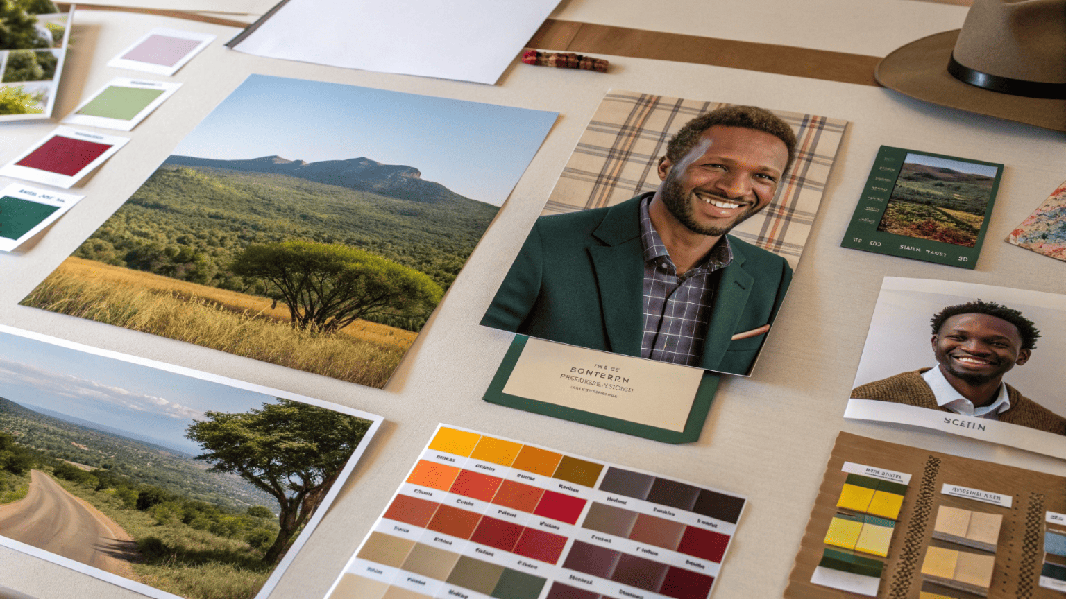 A mood board combining images of a brand founder, ingredient origin, and target customer lifestyle to define the brand’s authentic story