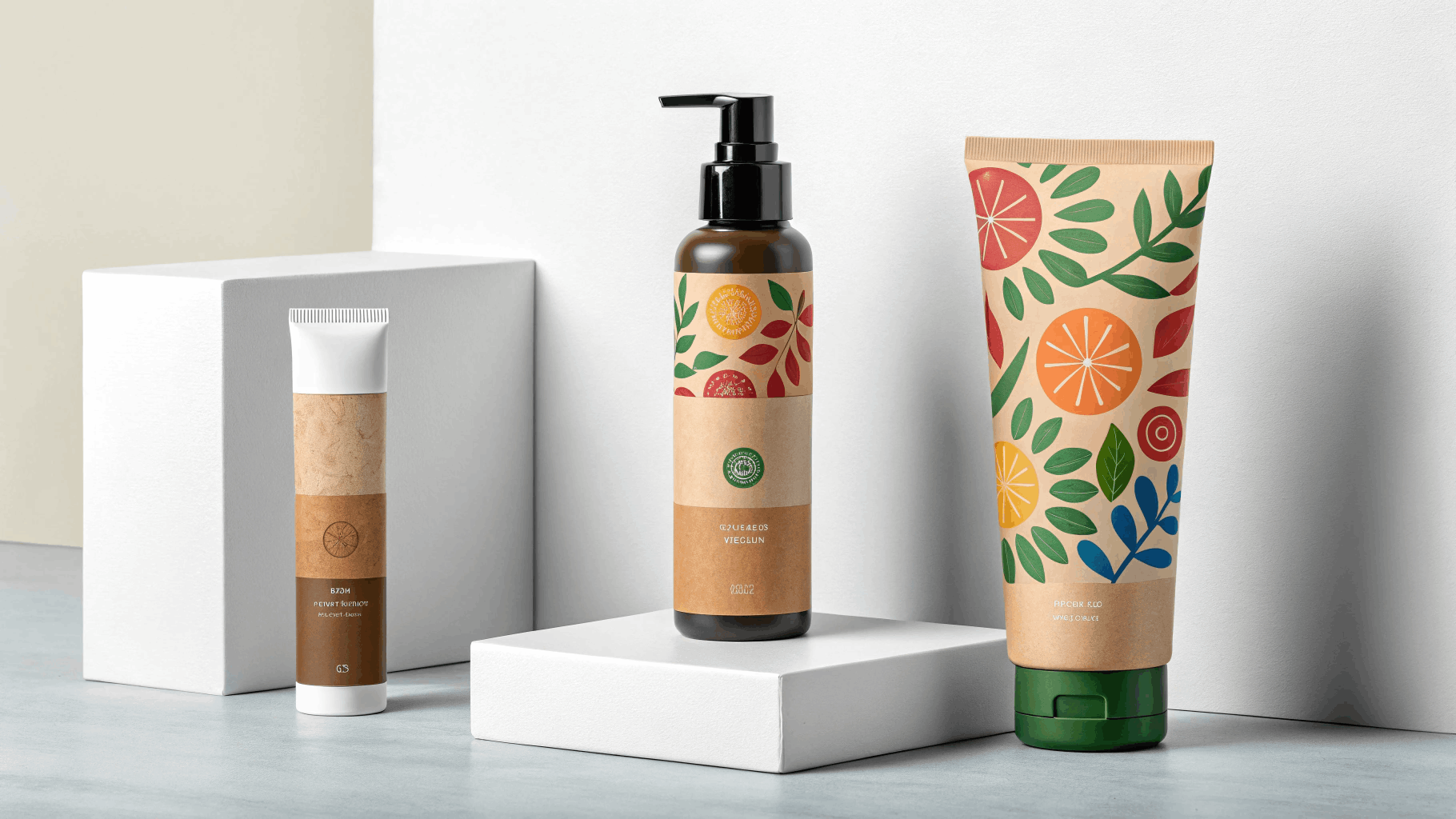 A mood board displaying three distinct brand styles—tech minimalist, earthy natural, and vibrant lifestyle—each paired with a corresponding sunscreen packaging concept
