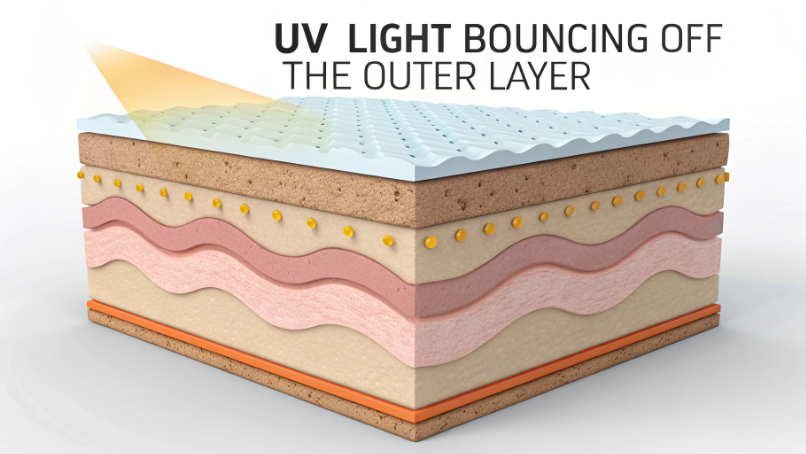 A cross-section of a multi-layer bottle wall showing UV light being blocked by protective layers