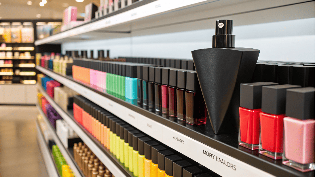 A crowded beauty shelf where one matte black cosmetic product stands out because of its unique bottle shape