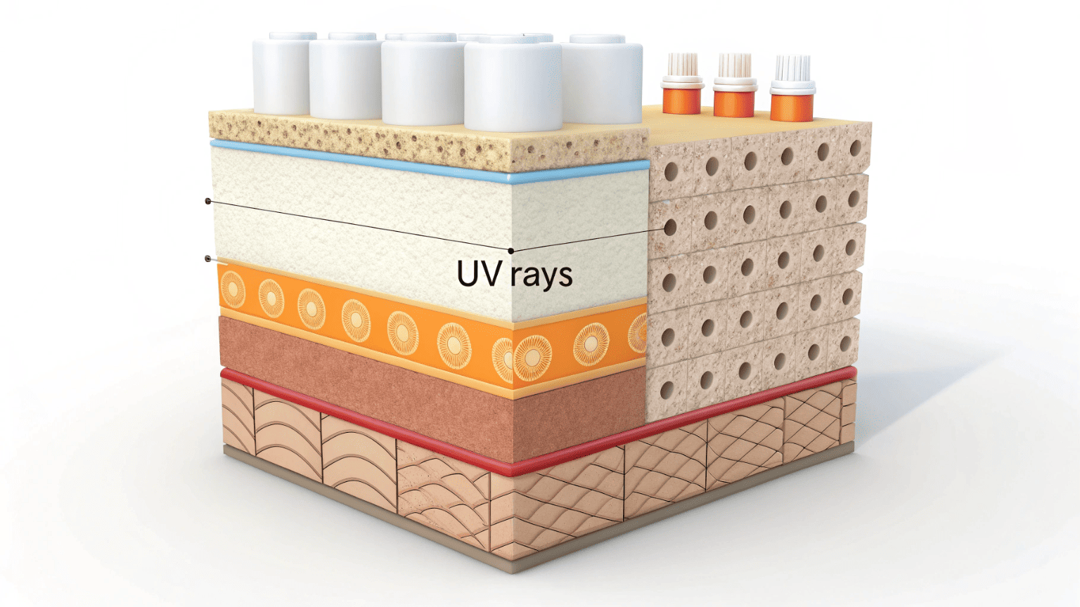 A close-up cross-section of a sunscreen bottle wall showing multiple layers blocking UV rays