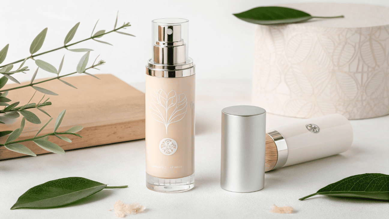 A premium outer airless bottle displayed next to a lightweight, simple inner refill cartridge