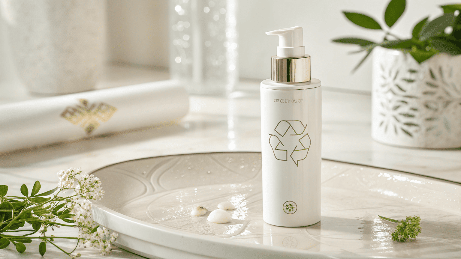 A sleek all-PP airless pump bottle with a subtle recycling symbol included in the design