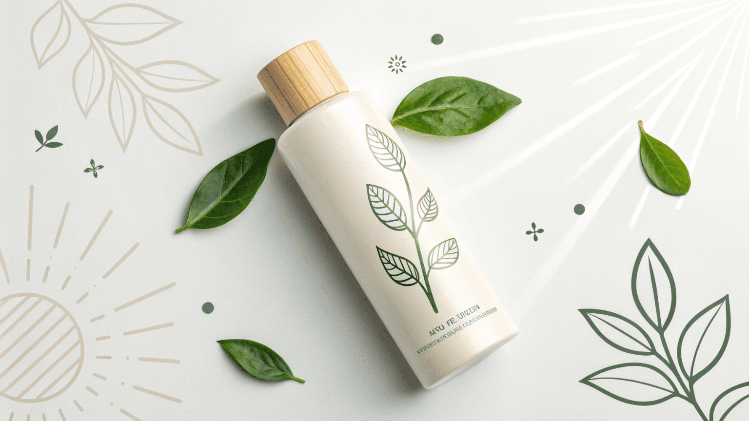 A cosmetic bottle with a green leaf symbol printed on it, representing sustainable and low-carbon packaging design