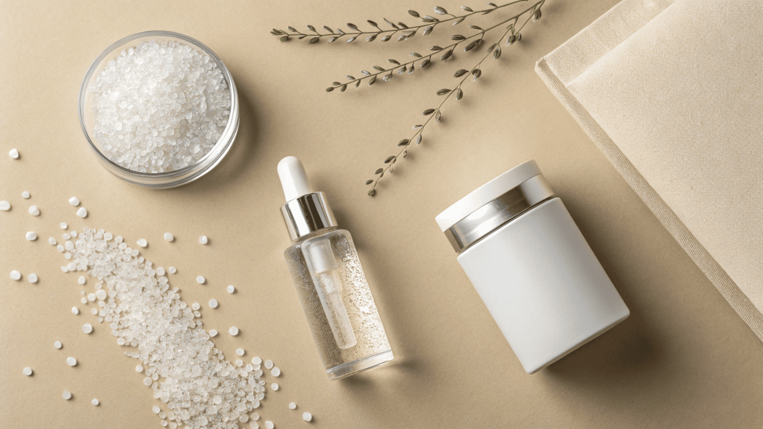 A side-by-side view of PCR plastic pellets, a glass bottle, and a mono-material PP jar representing core eco-friendly packaging options