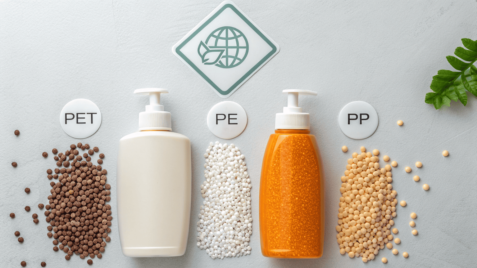A flat lay of PET, PE, and PP plastic pellets arranged beside finished sunscreen bottles made from each material