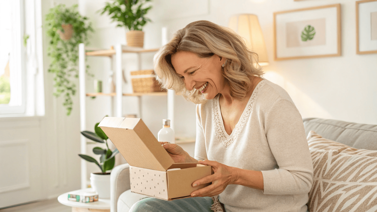 A happy customer unboxing a cosmetic product that visually matches their style, showing emotional connection to the brand