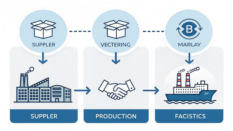 A simple flowchart showing three steps — vetting, production, and logistics — in the import process