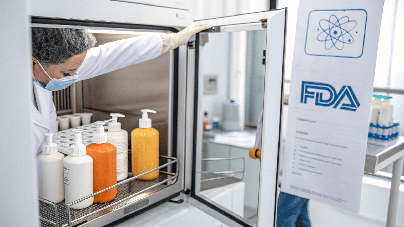 A lab technician placing a sunscreen bottle inside a stability testing chamber with an FDA graphic overlay