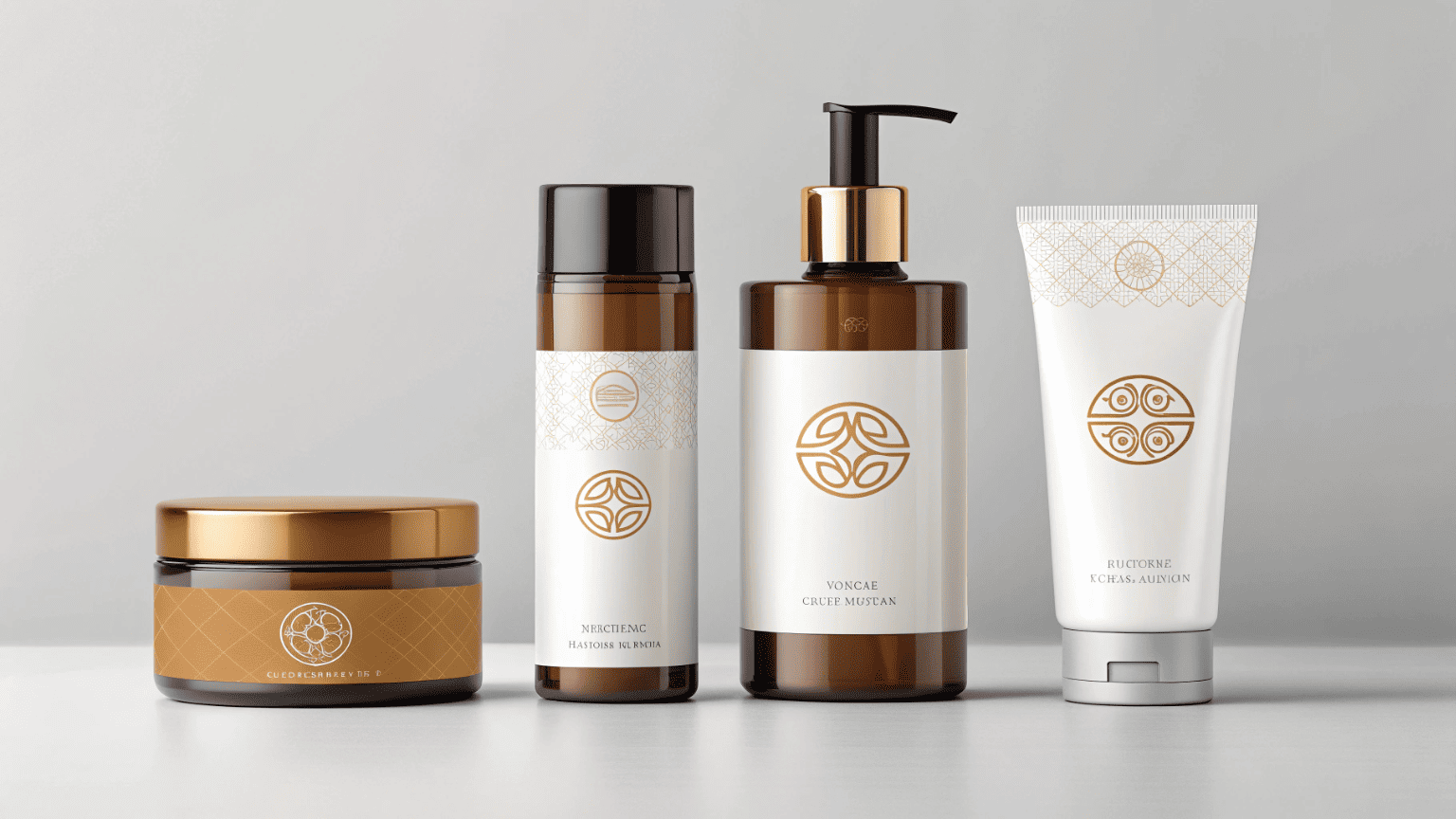 A lineup of different cosmetic containers like jars, bottles, and tubes sharing the same logo, font, and colors to look unified