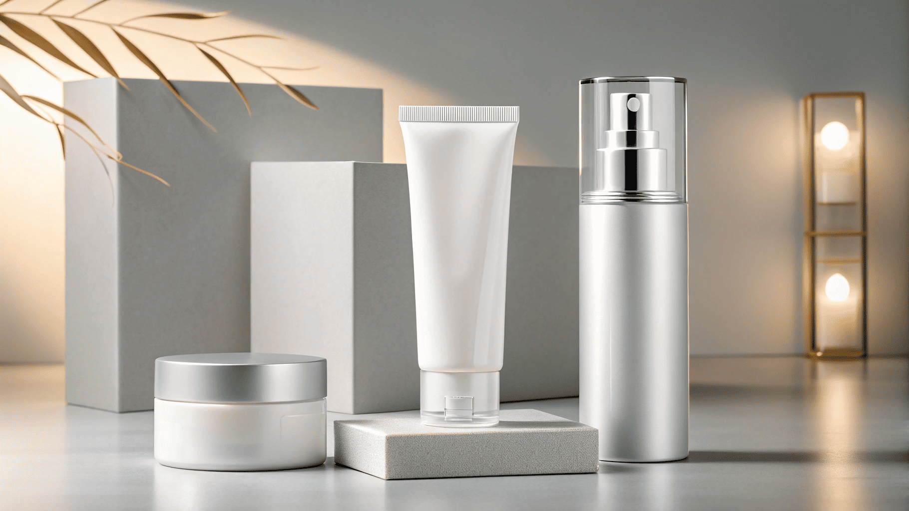 A set of three products: a clear PCR tube, a white mono-material PP pump, and a sleek aluminum tin