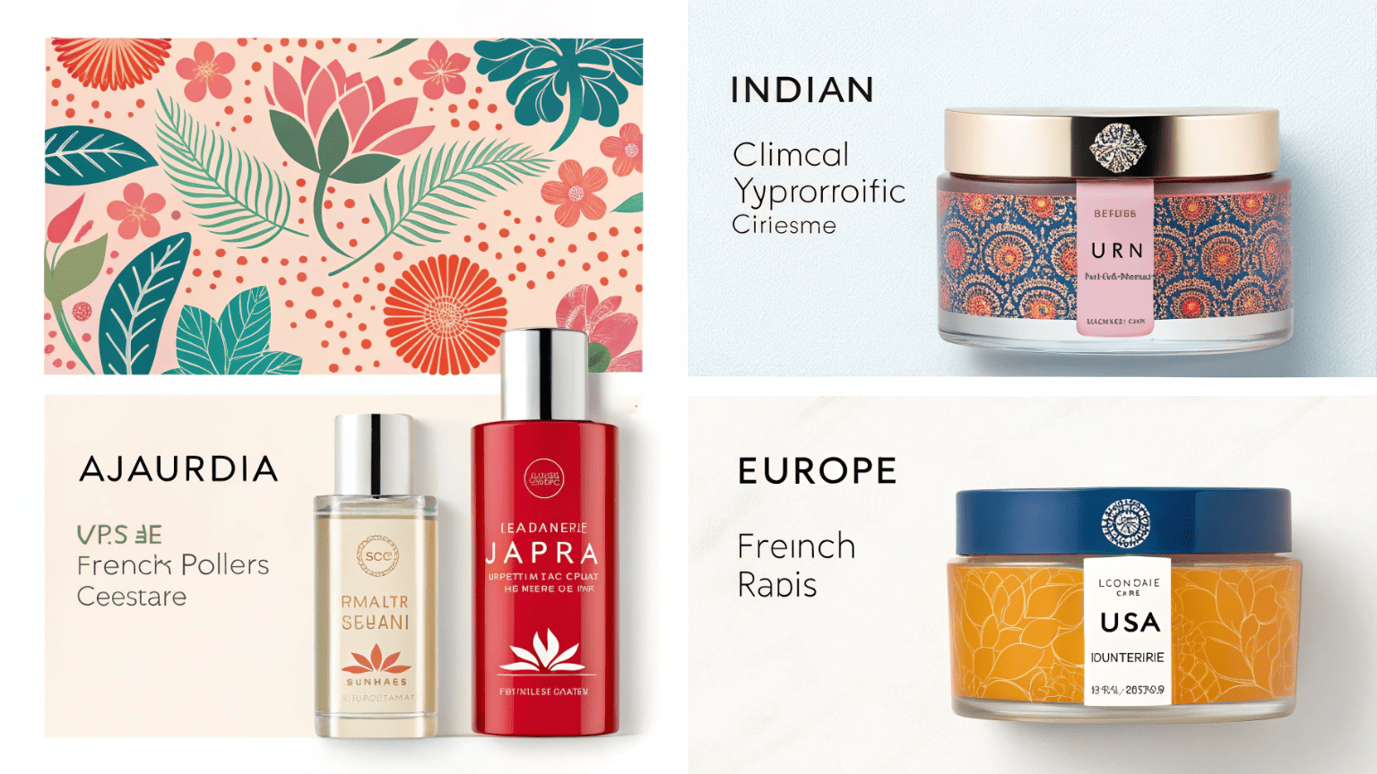 A mood board featuring various cosmetic packaging styles from Japan, India, and Europe showing diverse cultural aesthetics