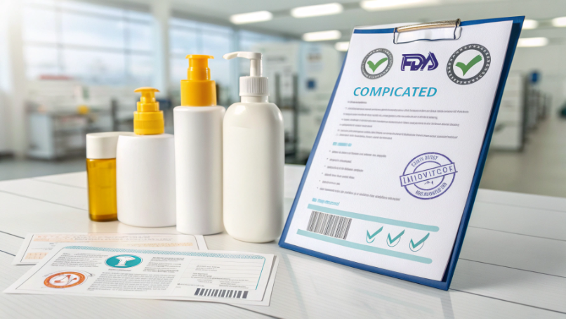 Compliance documents like ISO and FDA certificates placed beside a sunscreen bottle on a clean desk
