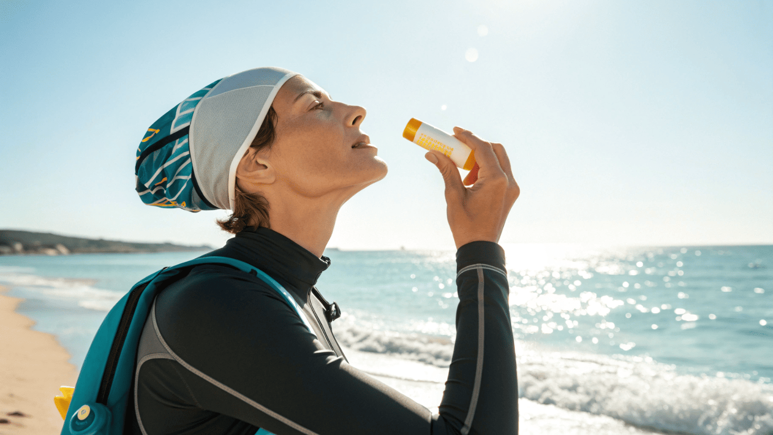 A person applying a sunscreen stick outdoors, demonstrating easy, mess-free reapplication