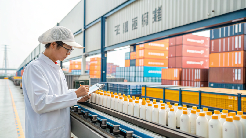 A quality control inspector examining a batch of sunscreen bottles in a modern Chinese factory with shipping containers in the background