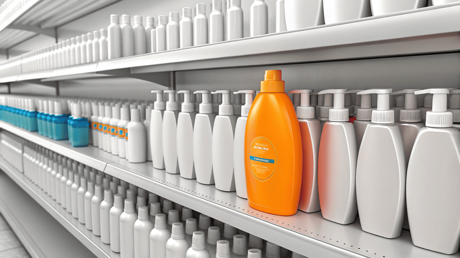 A uniquely shaped sunscreen bottle standing out on a crowded retail shelf among standard bottles