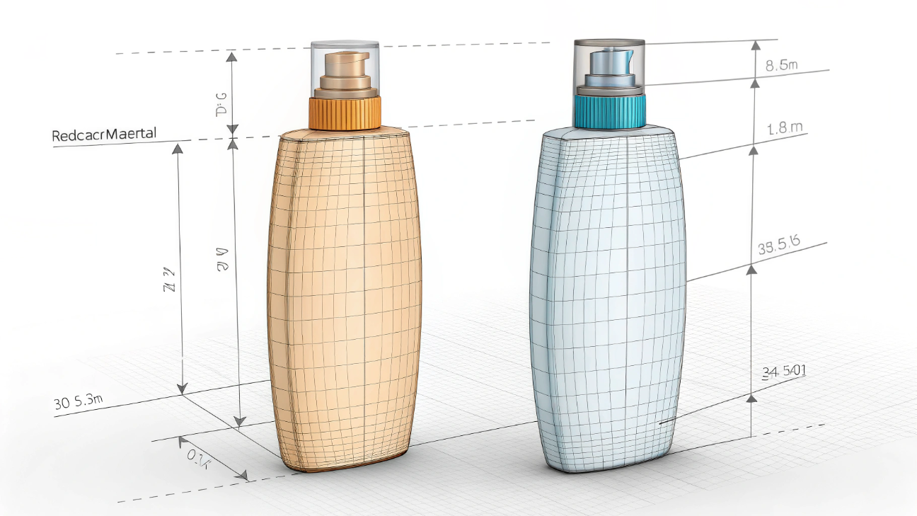 A before-and-after pair of sunscreen bottles that look identical but with a graphic showing reduced weight