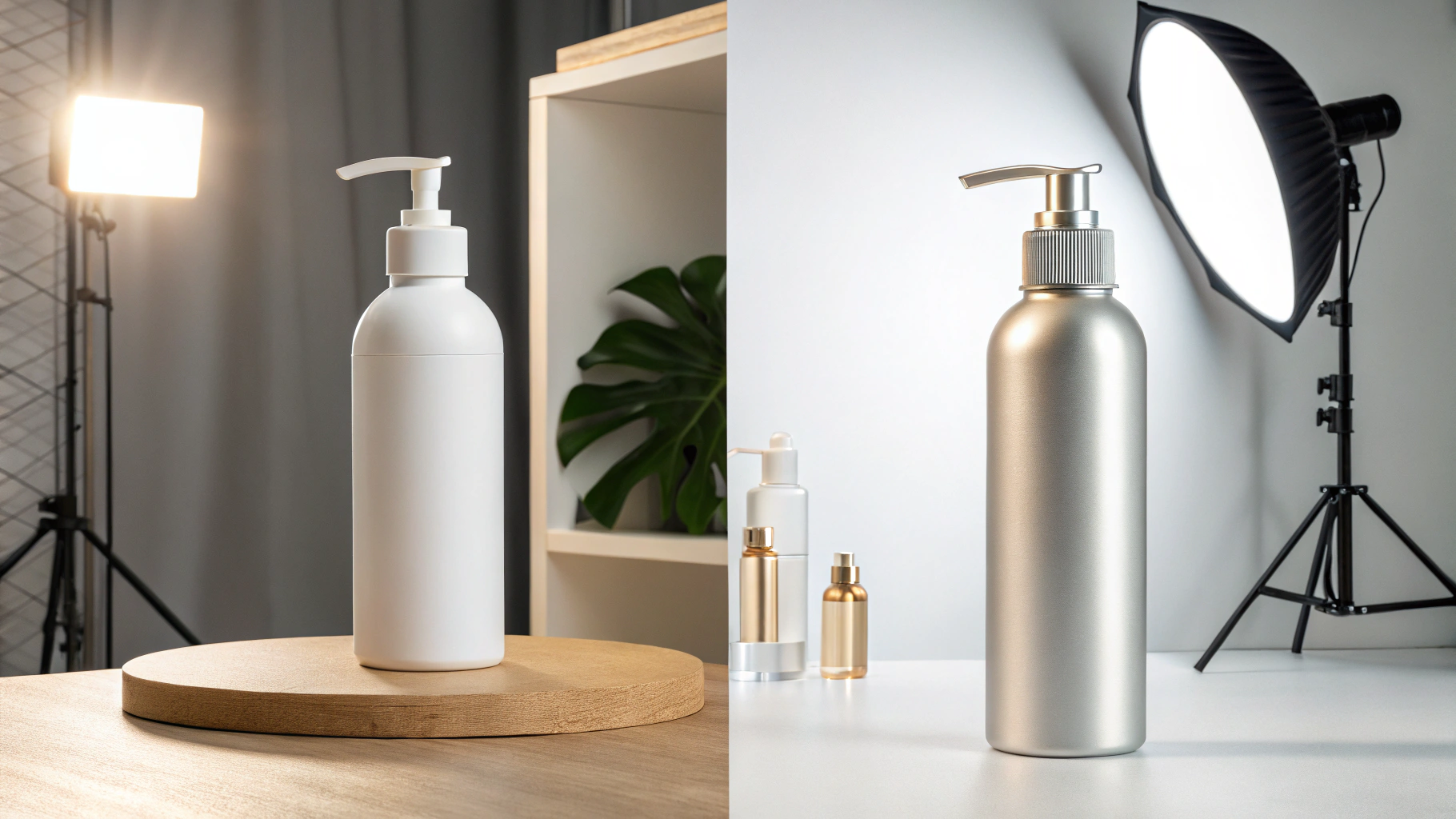 A comparison of a dull, low-quality eco bottle beside a modern, stylish sunscreen bottle made from premium PCR plastic or aluminum