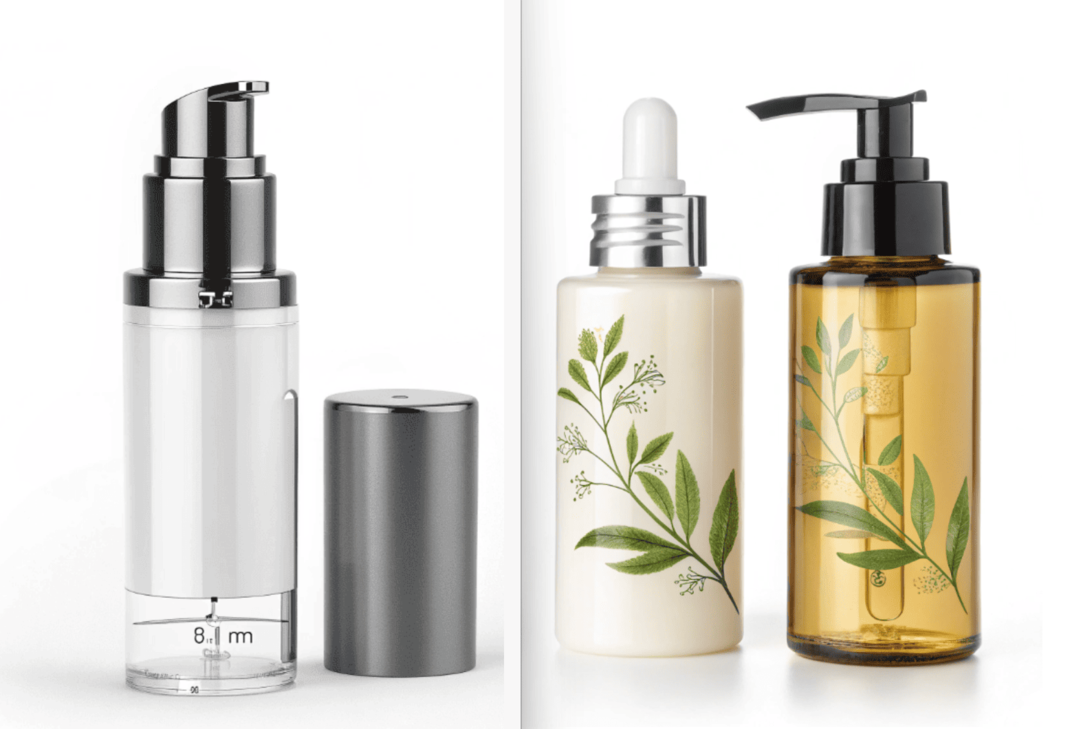 Three skincare containers side-by-side: an open jar with a finger dipping in, a traditional dip-tube pump, and a clean airless pump in action