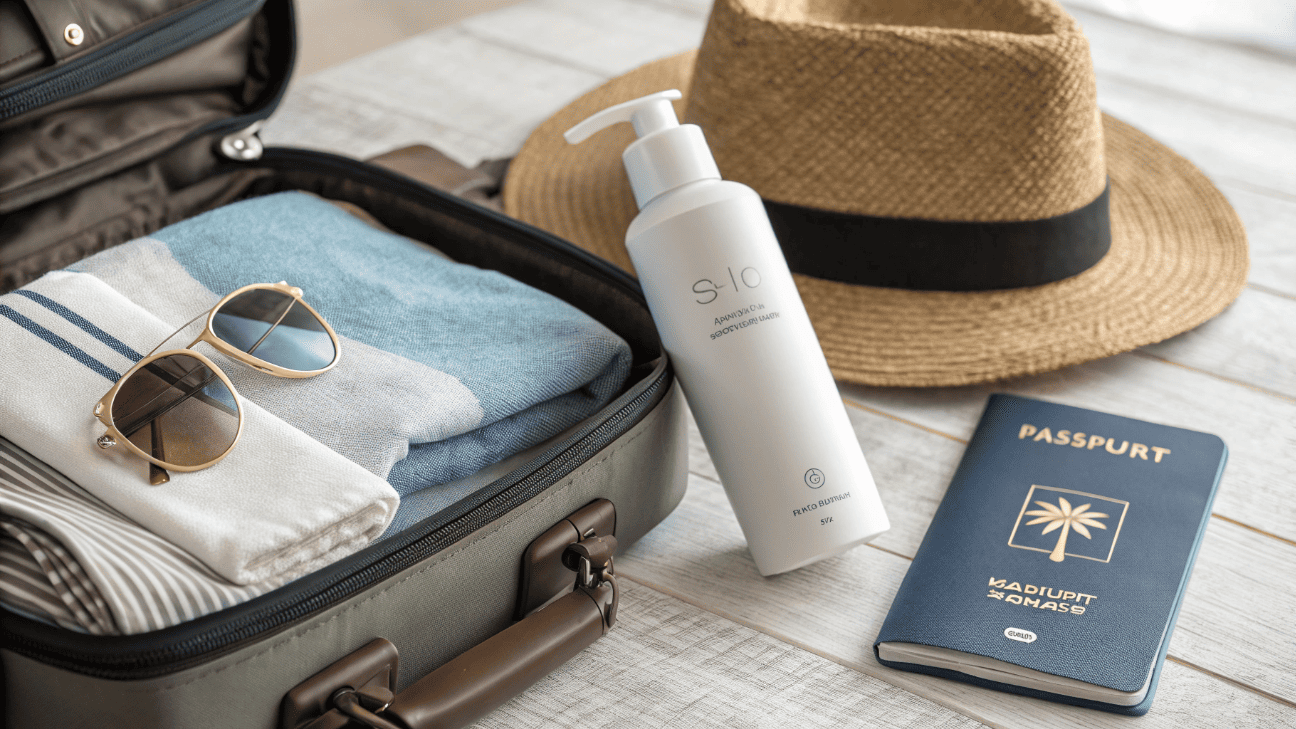 A slim, lightweight sunscreen bottle fitting easily into a crowded travel bag beside a passport and sunglasses