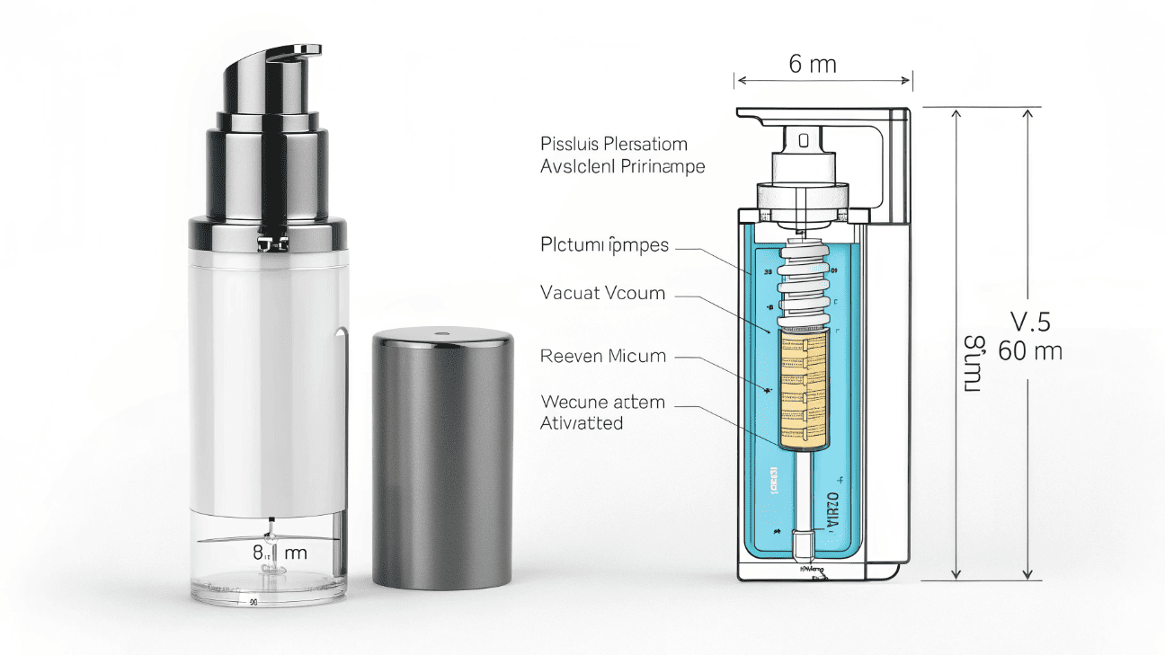A sleek airless pump bottle placed beside a cross-section diagram showing the internal piston mechanism moving upward