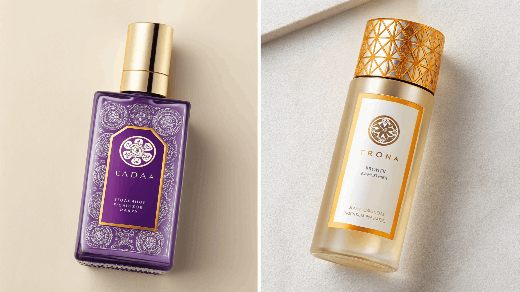 A comparison of two top skincare packaging styles: Tatcha’s luxurious purple-and-gold design beside Byoma’s bright, transparent, mono-material bottles