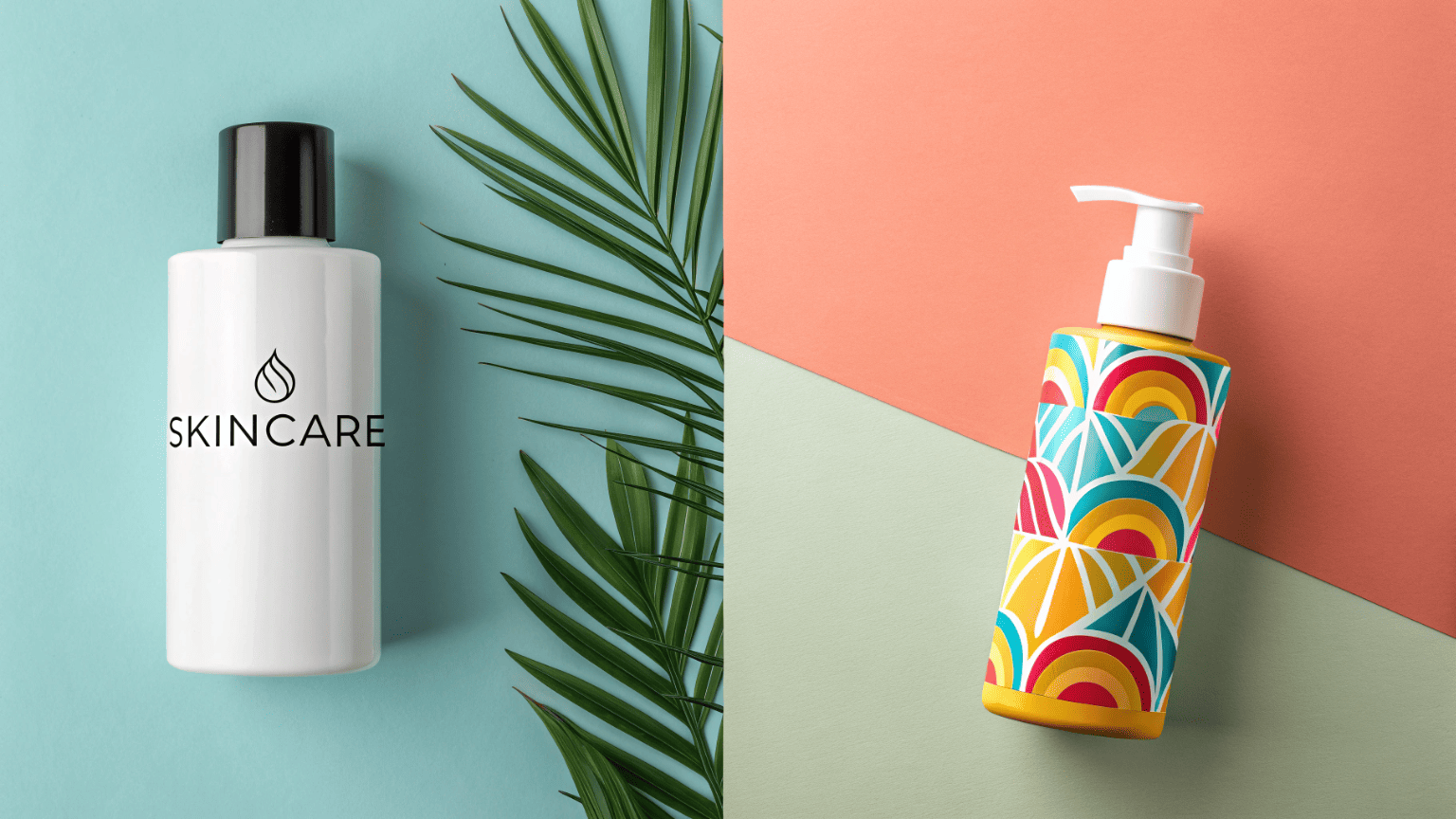 Side-by-side comparison of minimalist packaging with sans-serif typography and colorful packaging with expressive custom fonts