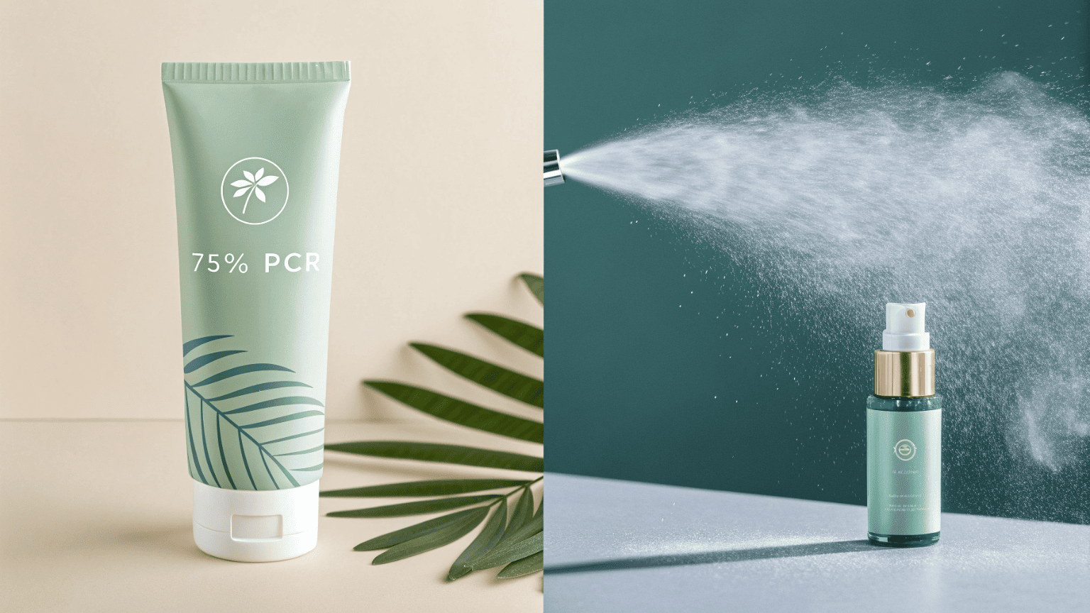 A split image showing a modern PCR squeeze tube and a non-aerosol fine-mist spray bottle