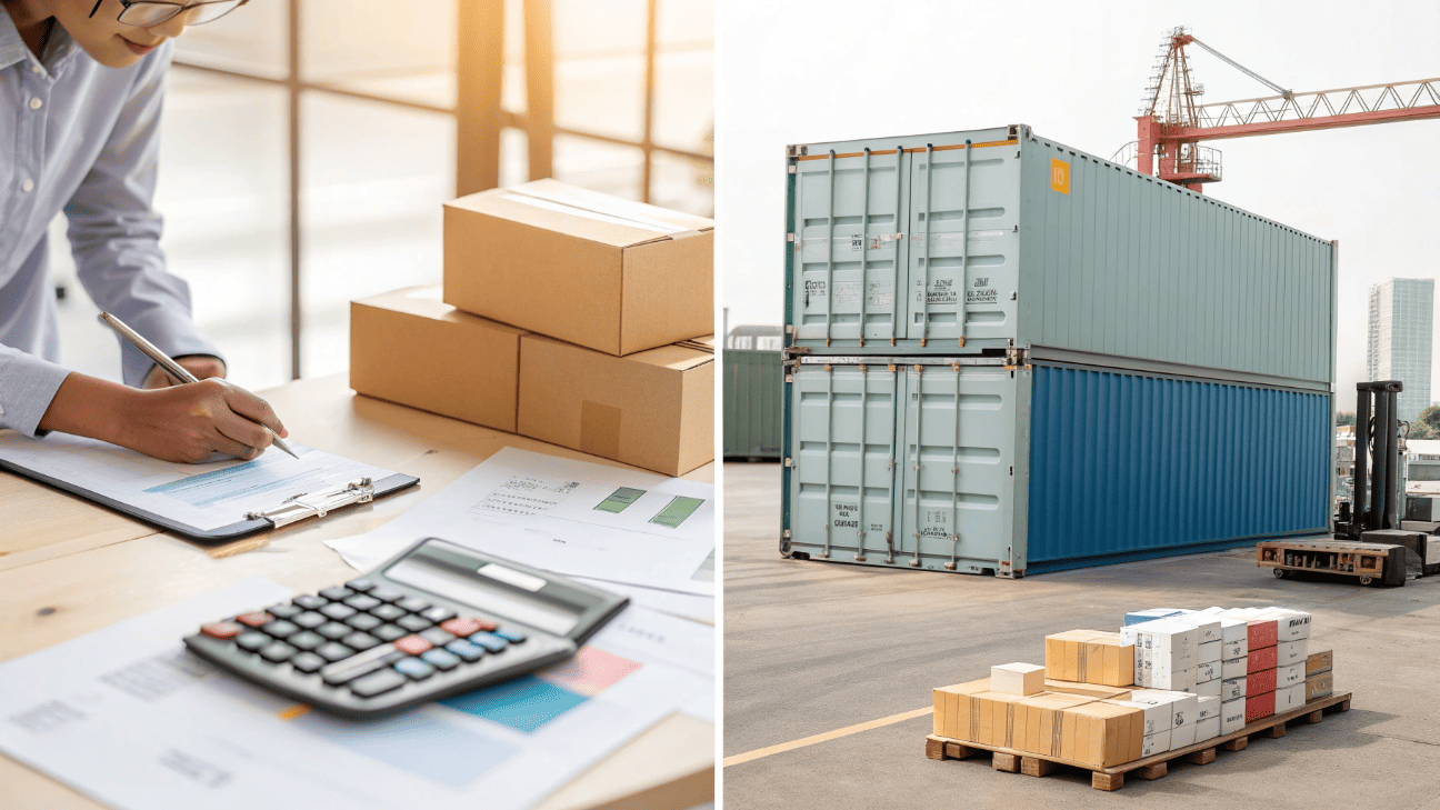 A split image showing a calculator with packaging samples on one side and a shipping container being loaded at a modern factory on the other