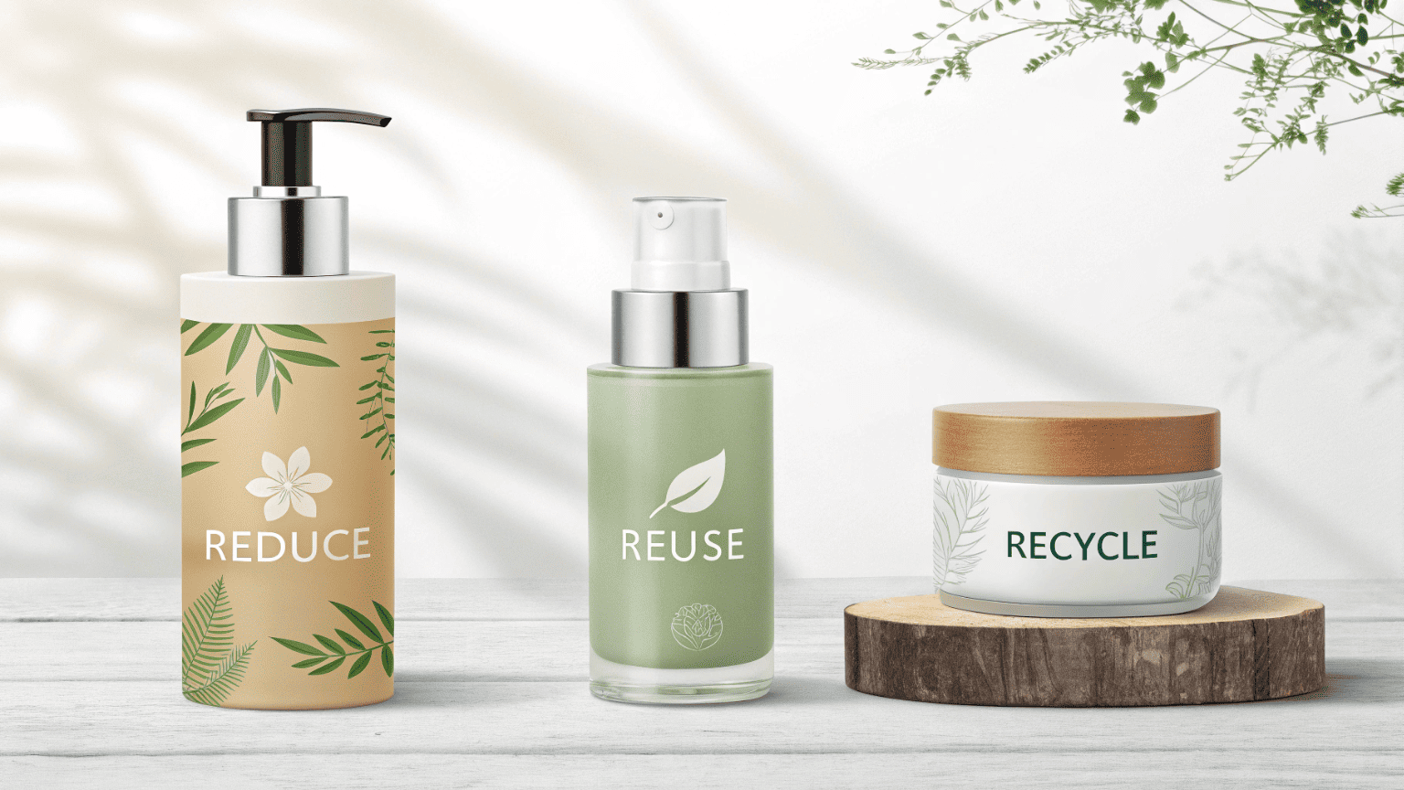 Three cosmetic packaging examples—a lightweight bottle, a refillable jar, and a recyclable mono-material pump—illustrating sustainable design ideas