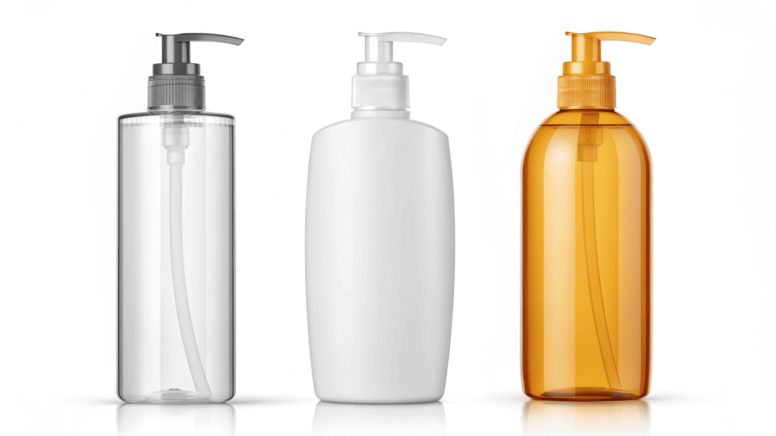 Three sunscreen bottles made from different plastics: a clear rigid PET bottle, a white squeezable PE bottle, and a solid-colored PP airless pump