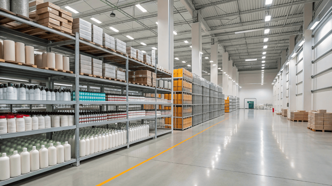 A large warehouse filled with rows of standard cosmetic bottles and jars ready for customization