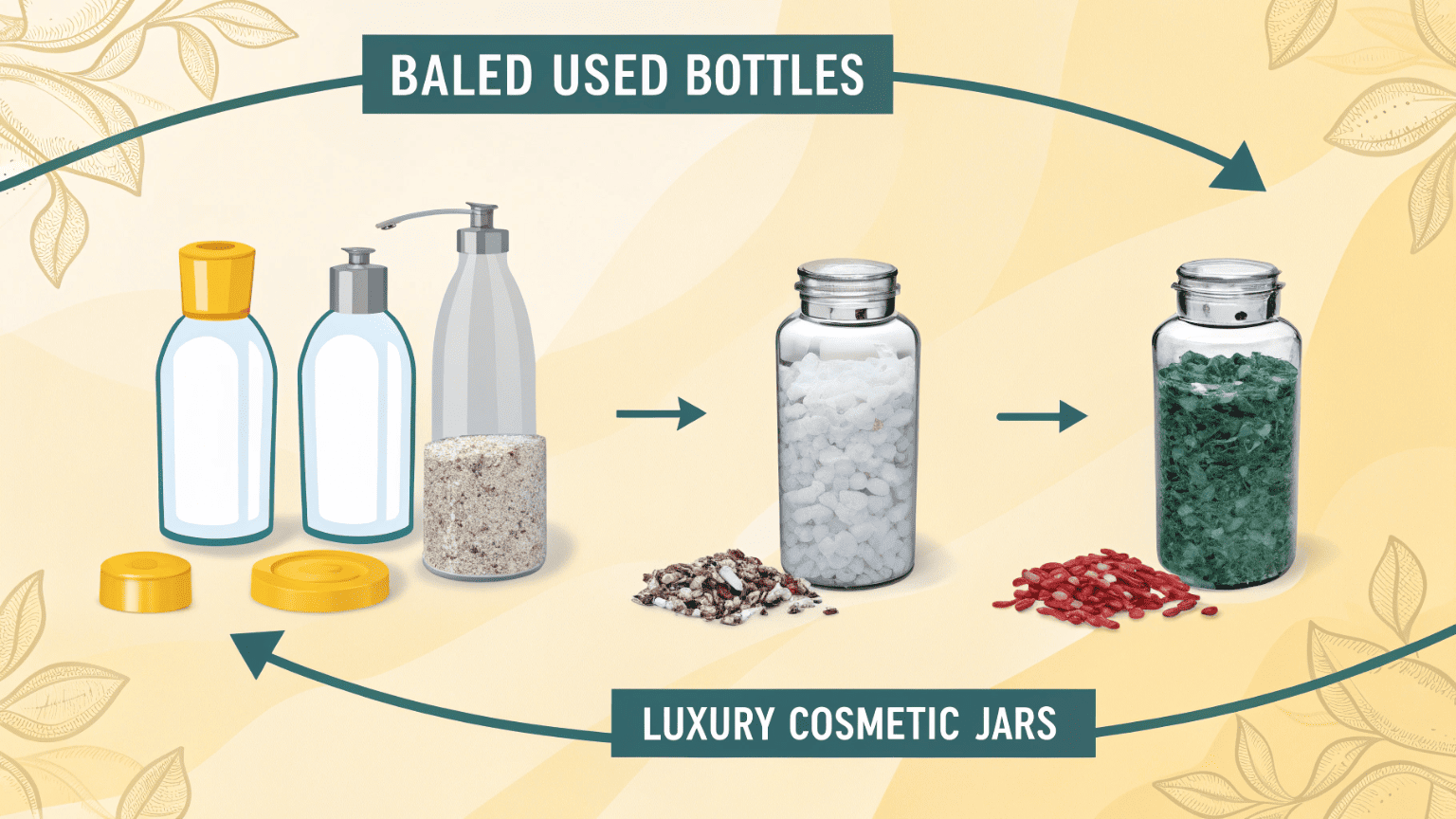 A simple visual flowchart showing the recycling stages from used bottles to shredded flakes, clean pellets, and a finished cosmetic jar
