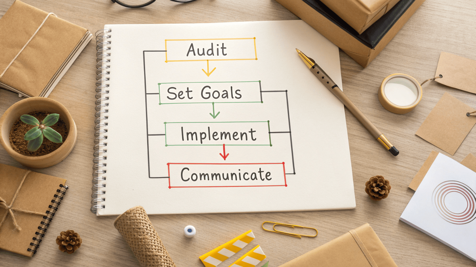 A clear flowchart showing steps from audit to goal setting, implementation, and transparent communication