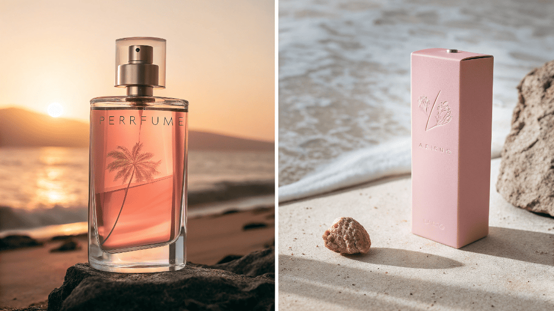 Split image showing a perfume bottle with an iconic silhouette and a skincare brand using minimalist typography to highlight their hero element