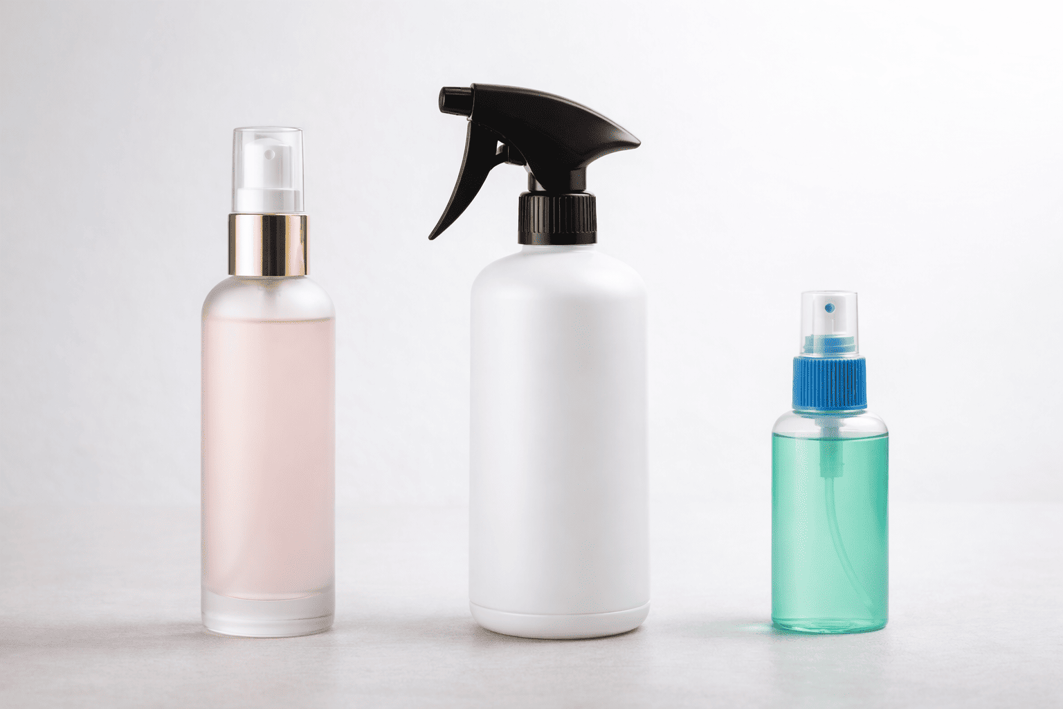 Three different spray options displayed side by side, including a cosmetic mist pump, a trigger spray bottle, and a mini refill sprayer