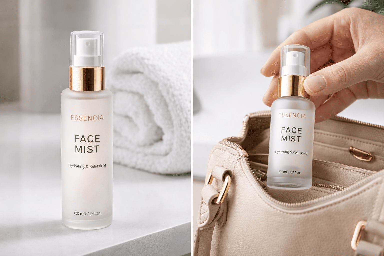 Two facial mist bottles from the same brand, one large for home use and one small for travel