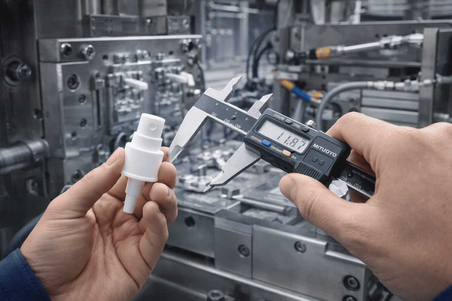 A quality control inspector measuring a freshly molded plastic bottle part with a caliper beside an injection molding machine