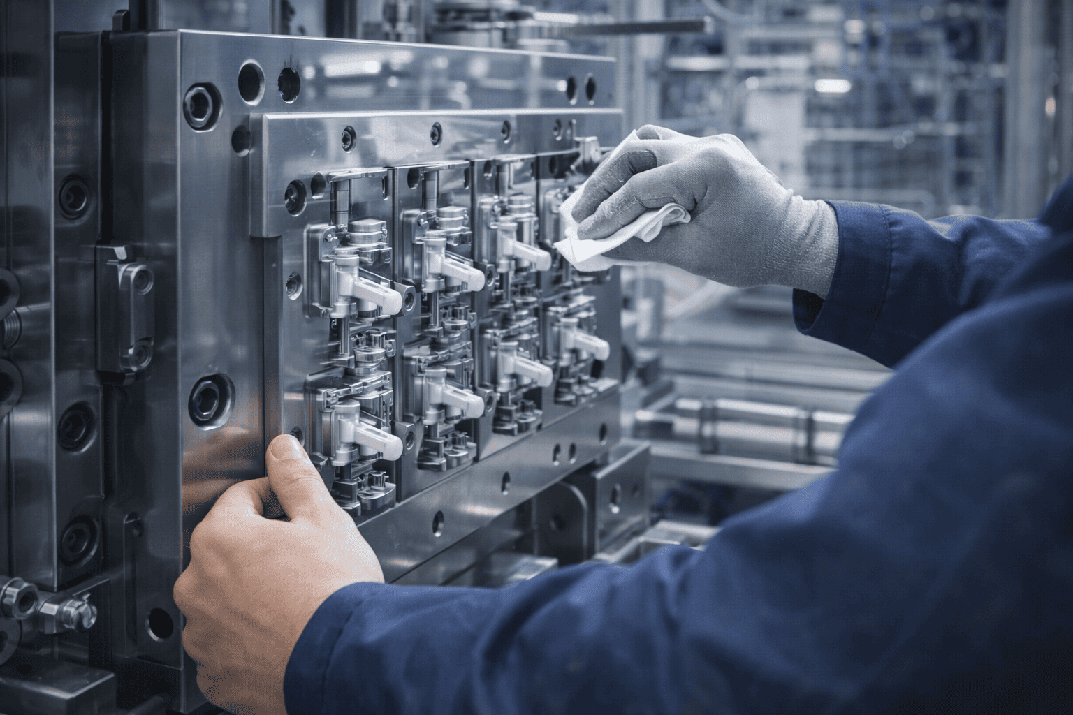 A technician cleaning and preparing a polished multi-cavity injection mold in a production workshop